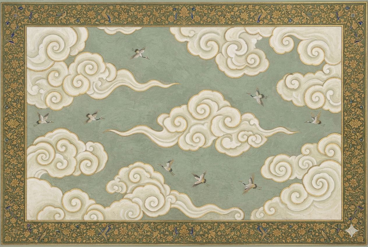 Voyage of Clouds — Mughal miniature style ceiling mural of scroll clouds and cranes on a sage green sky